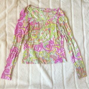 ETRO Milano Jersey Long Sleeve Scoop Neck Top Paisley Pucci Print Size Large